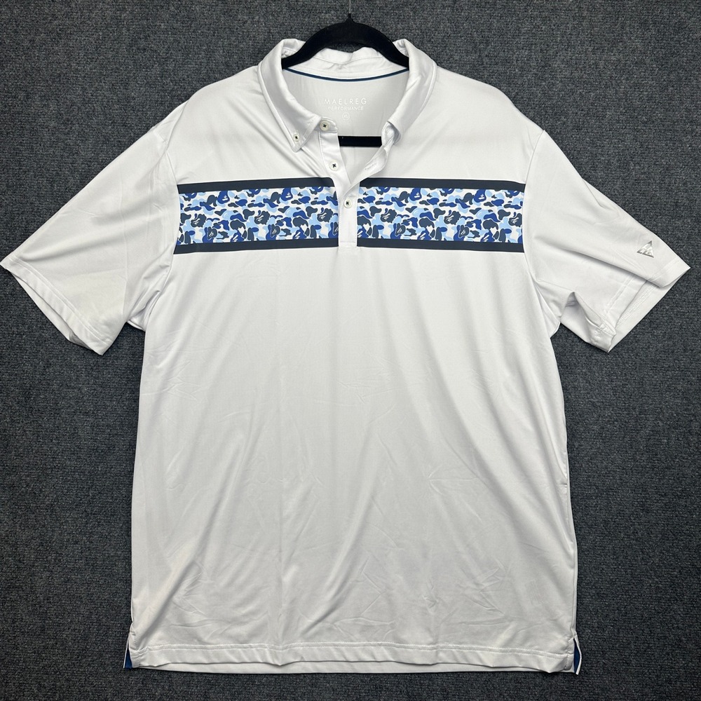 MAELREG Performance Men XL Golf Polo White Blue Camo Stripe Stretch Short Sleeve
